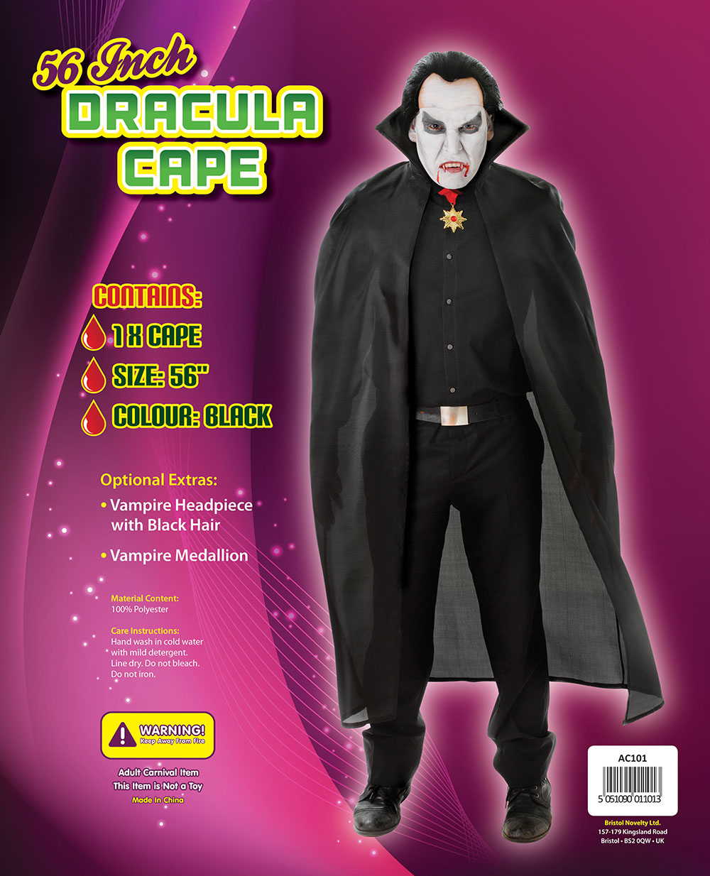 56" Polyester Dracula Cape. Black
